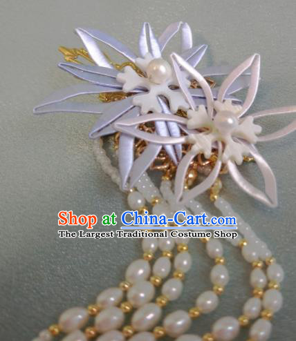 Chinese Ancient Princess Pearls Tassel Hair Stick Traditional Silk Flowers Hairpin Ming Dynasty Hair Accessories
