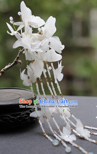Chinese Ancient Fairy Princess White Butterfly Hairpin Traditional Hanfu Beads Tassel Hair Stick
