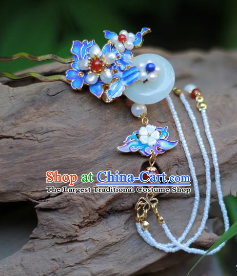 Chinese Ancient Queen Jade Hairpin Traditional Ming Dynasty Hanfu Pearls Plum Tassel Hair Stick