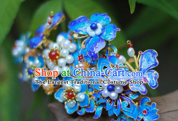 Chinese Ancient Empress Pearls Hairpin Traditional Ming Dynasty Hanfu Blueing Butterfly Hair Crown