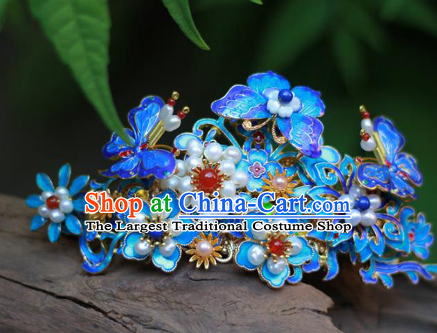 Chinese Ancient Empress Pearls Hairpin Traditional Ming Dynasty Hanfu Blueing Butterfly Hair Crown