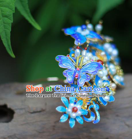 Chinese Ancient Empress Pearls Hairpin Traditional Ming Dynasty Hanfu Blueing Butterfly Hair Crown