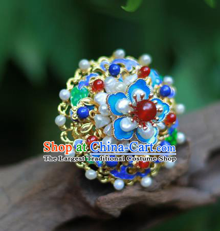 Chinese Traditional Ming Dynasty Hanfu Blueing Plum Hair Crown Ancient Empress Pearls Hairpin