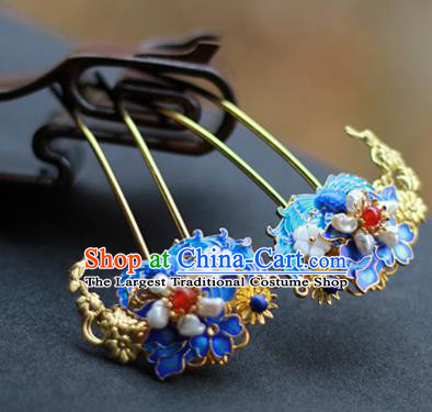 Chinese Ancient Empress Blueing Hairpins Traditional Ming Dynasty Pearls Hair Sticks