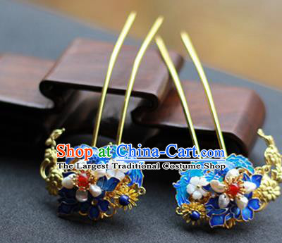 Chinese Ancient Empress Blueing Hairpins Traditional Ming Dynasty Pearls Hair Sticks