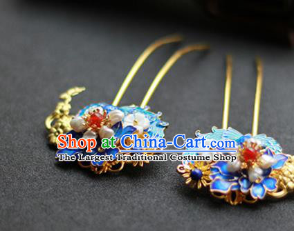 Chinese Ancient Empress Blueing Hairpins Traditional Ming Dynasty Pearls Hair Sticks