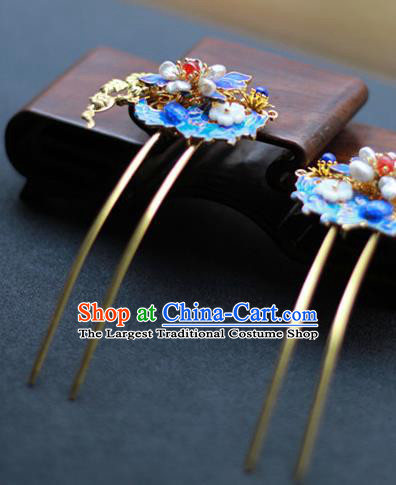 Chinese Ancient Empress Blueing Hairpins Traditional Ming Dynasty Pearls Hair Sticks