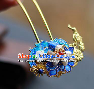 Chinese Ancient Empress Blueing Hairpins Traditional Ming Dynasty Pearls Hair Sticks