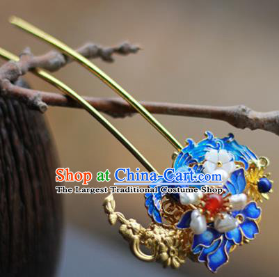 Chinese Ancient Empress Blueing Hairpins Traditional Ming Dynasty Pearls Hair Sticks