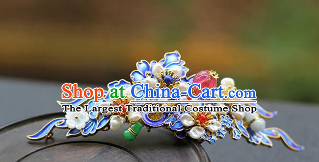 Chinese Ancient Court Woman Pearls Hairpin Traditional Ming Dynasty Blueing Hair Crown