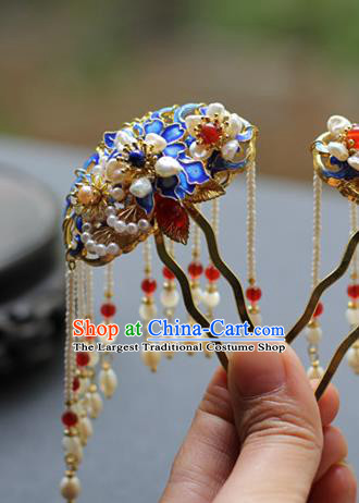 Chinese Ancient Imperial Concubine Blueing Hairpin Traditional Ming Dynasty Pearls Tassel Hair Stick