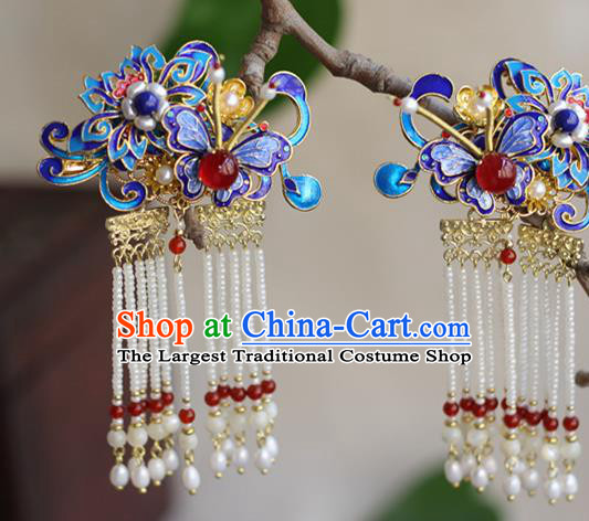 Chinese Ancient Court Woman Pearls Tassel Hairpin Traditional Ming Dynasty Queen Blueing Butterfly Hair Stick
