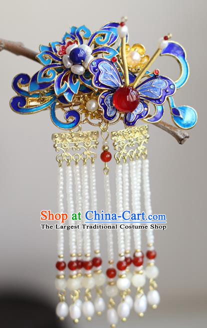 Chinese Ancient Court Woman Pearls Tassel Hairpin Traditional Ming Dynasty Queen Blueing Butterfly Hair Stick