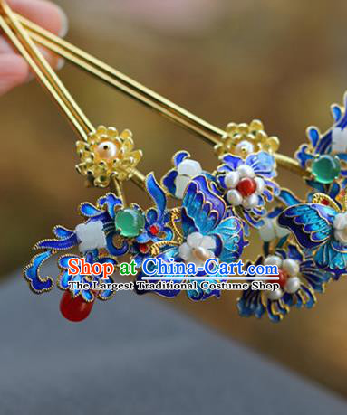 Chinese Ancient Queen Blueing Butterfly Hairpin Traditional Ming Dynasty Jade Pearls Hair Stick