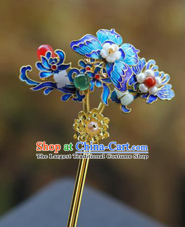 Chinese Ancient Queen Blueing Butterfly Hairpin Traditional Ming Dynasty Jade Pearls Hair Stick