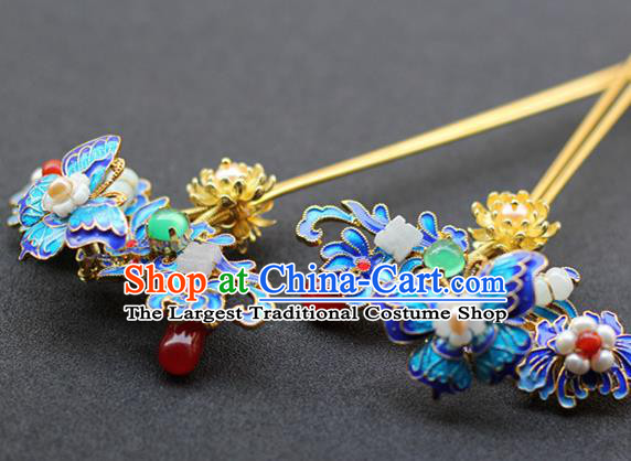 Chinese Ancient Queen Blueing Butterfly Hairpin Traditional Ming Dynasty Jade Pearls Hair Stick