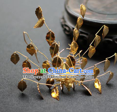 Chinese Ancient Palace Princess Hairpin Traditional Tang Dynasty Golden Leaf Tassel Hair Crown