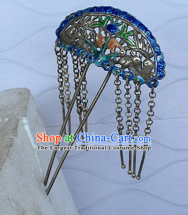 Chinese Ancient Court Lady Cloisonne Hairpin Traditional Qing Dynasty Silver Tassel Hair Stick