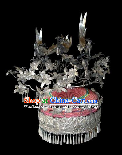 Chinese Miao Nationality Wedding Headwear Traditional Hmong Ethnic Silver Hair Crown