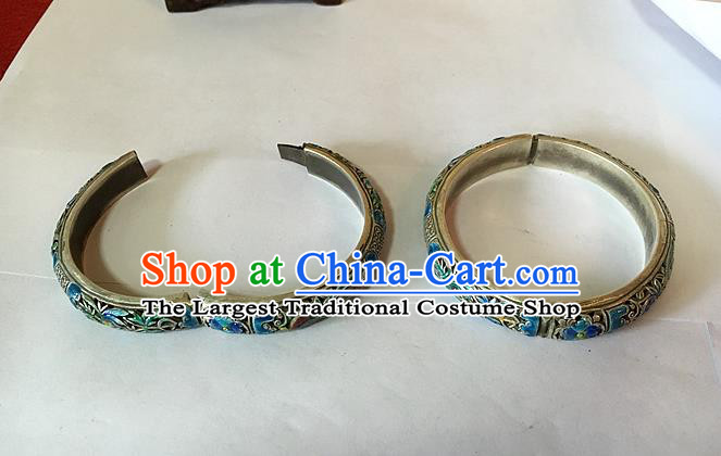 Handmade China Ethnic Carving Silver Bangle National Wedding Cloisonne Bracelet Accessories