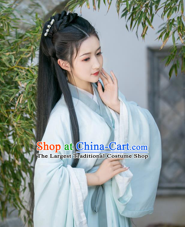 China Ancient Young Beauty Green Hanfu Dress Traditional Jin Dynasty Historical Clothing for Women