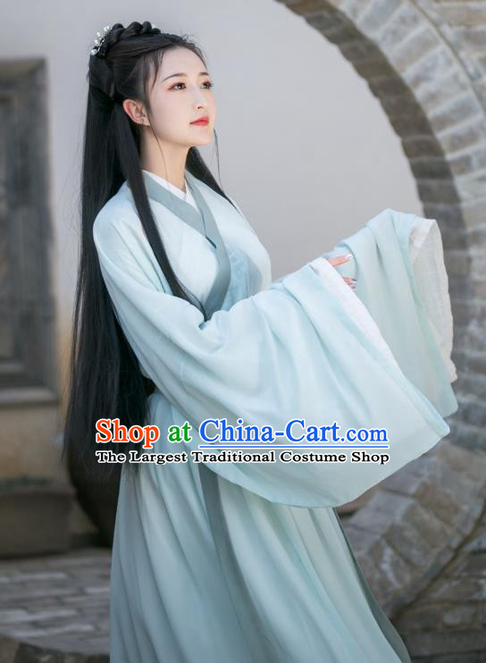 China Ancient Young Beauty Green Hanfu Dress Traditional Jin Dynasty Historical Clothing for Women