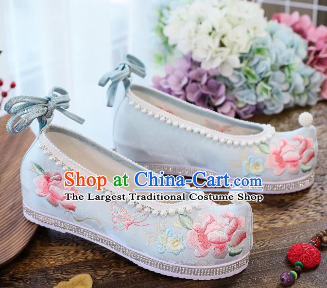 China National Embroidered Peony Shoes Traditional Hanfu Pearls Shoes Handmade Blue Satin Shoes