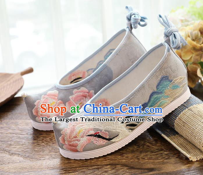 China Traditional Ming Dynasty Hanfu Shoes Handmade Princess Shoes National Embroidered Crane Grey Shoes