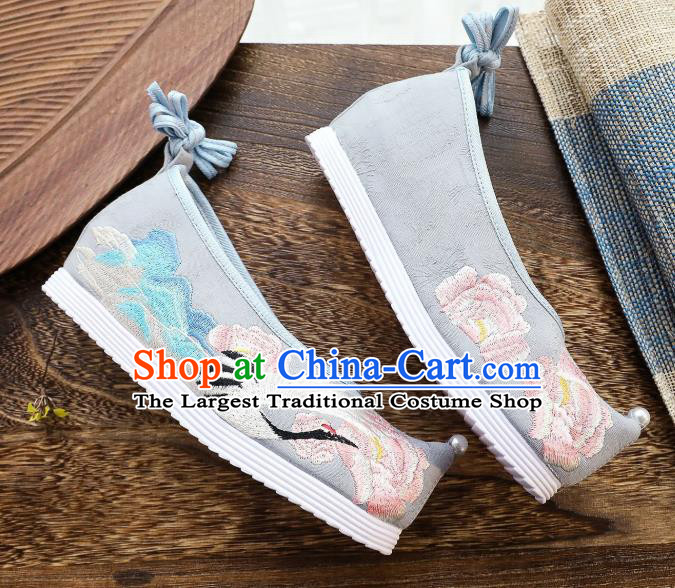 China Traditional Ming Dynasty Hanfu Shoes Handmade Princess Shoes National Embroidered Crane Grey Shoes