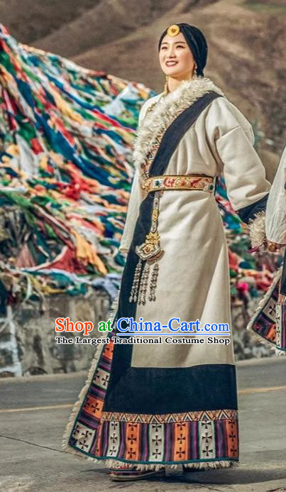 China Zang Nationality Dance White Robe Clothing Traditional Xizang Tibetan Minority Stage Performance Costume