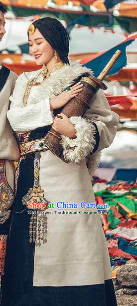 China Zang Nationality Dance White Robe Clothing Traditional Xizang Tibetan Minority Stage Performance Costume