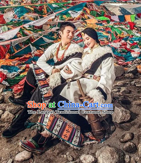 China Zang Nationality Dance White Robe Clothing Traditional Xizang Tibetan Minority Stage Performance Costume
