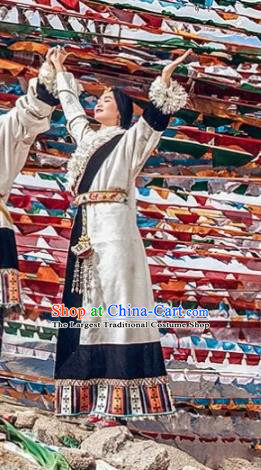China Zang Nationality Dance White Robe Clothing Traditional Xizang Tibetan Minority Stage Performance Costume