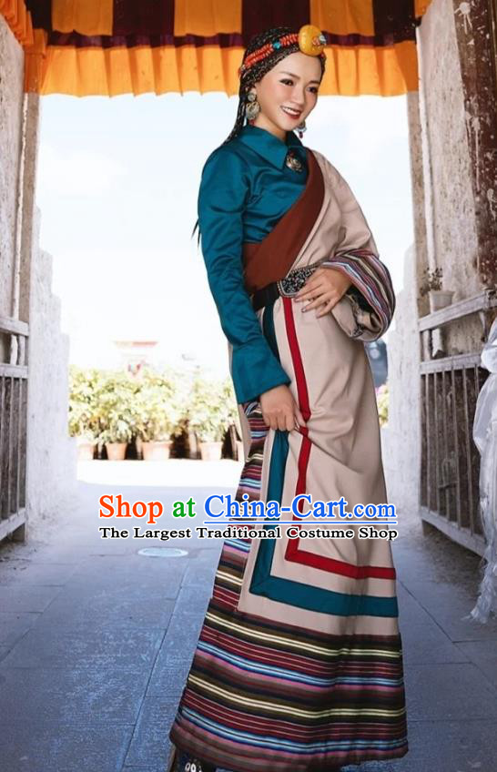 China Zang Nationality Female Blouse and Beige Robe Traditional Xizang Tibetan Minority Folk Dance Clothing