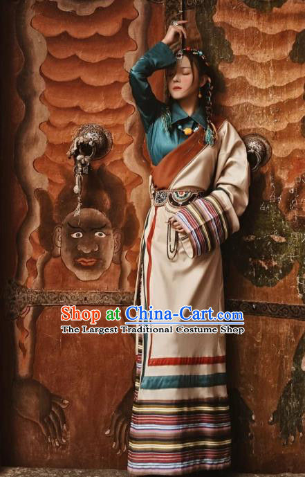 China Zang Nationality Female Blouse and Beige Robe Traditional Xizang Tibetan Minority Folk Dance Clothing