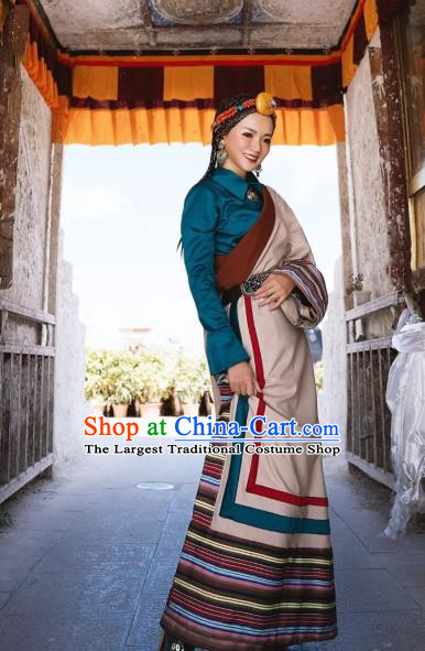 China Zang Nationality Female Blouse and Beige Robe Traditional Xizang Tibetan Minority Folk Dance Clothing