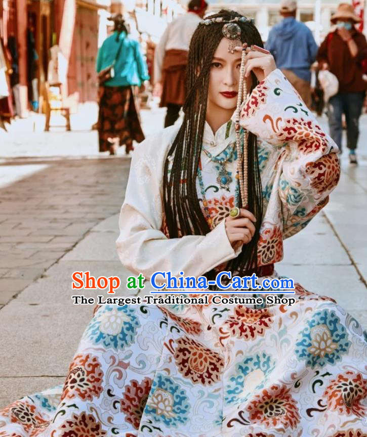 China Traditional Xizang Tibetan Minority Young Lady Clothing Zang Nationality Folk Dance Beige Brocade Robe