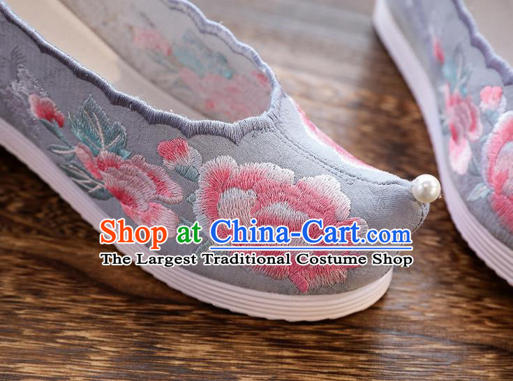 China National Embroidered Peony Hanfu Shoes Traditional Ming Dynasty Princess Shoes Handmade Grey Cloth Shoes