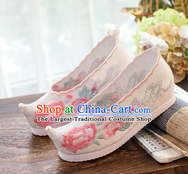 China Handmade White Cloth Shoes National Embroidered Peony Hanfu Shoes Traditional Ming Dynasty Princess Shoes
