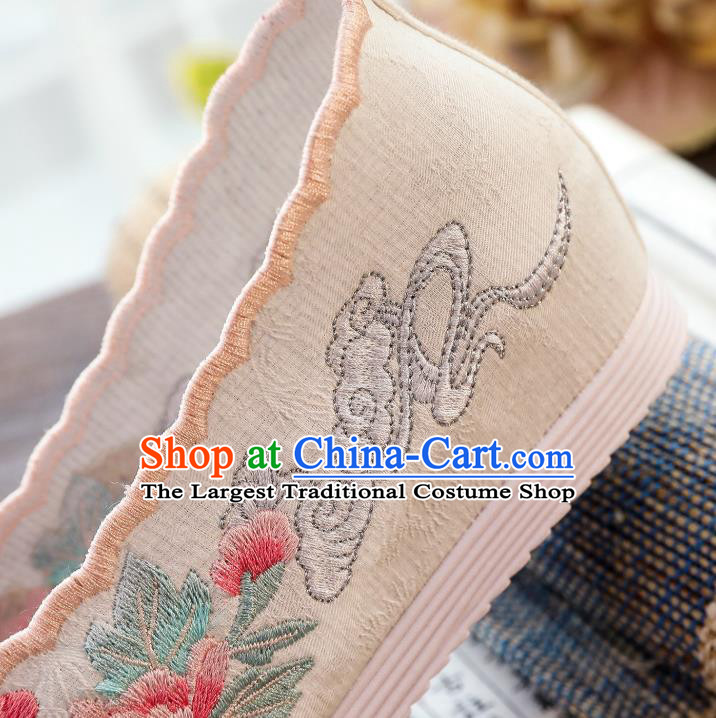 China Handmade White Cloth Shoes National Embroidered Peony Hanfu Shoes Traditional Ming Dynasty Princess Shoes