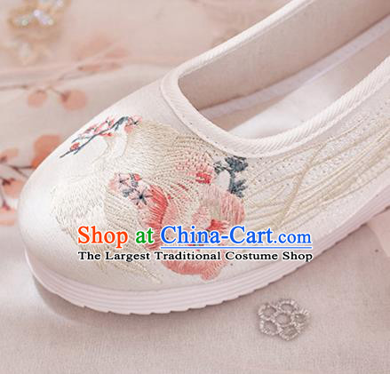 China Traditional Hanfu White Satin Shoes Handmade Ancient Princess Shoes National Embroidered Phoenix Shoes