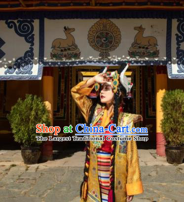 China Zang Nationality Noble Queen Clothing Traditional Xizang Tibetan Minority Golden Brocade Outfits