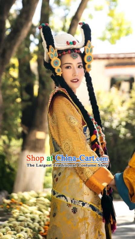 China Zang Nationality Noble Queen Clothing Traditional Xizang Tibetan Minority Golden Brocade Outfits