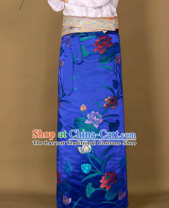 Chinese Zang Nationality Heishui Dance Royalblue Brocade Skirt Tibetan Folk Dance Woman Clothing