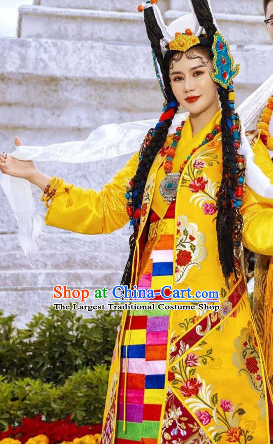 China Zang Nationality Noble Queen Clothing Traditional Xizang Tibetan Minority Golden Brocade Outfits
