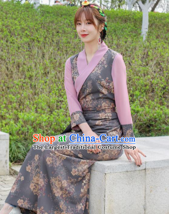 China Zang Nationality Folk Dance Grey Dress Clothing Traditional Xizang Tibetan Minority Heishui Dance Bola Clothing