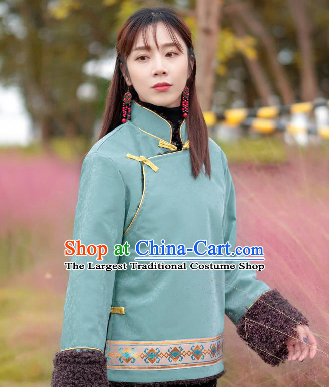 Chinese Zang Nationality Blue Leather Jacket Traditional Tibetan Ethnic Lamb Wool Outer Garment Clothing