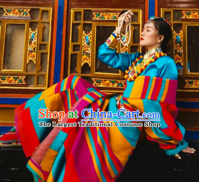 China Zang Nationality Stage Performance Clothing Traditional Xizang Tibetan Minority Blue Blouse and Rosy Robe Outfits