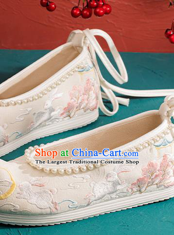China Traditional Ming Dynasty Princess Shoes Handmade Hanfu Bow Shoes Embroidered Rabbits Pearls Shoes