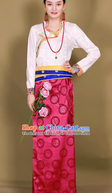 Chinese Traditional Zang Nationality Heishui Dance Clothing Tibetan Ethnic Rosy Brocade Skirt
